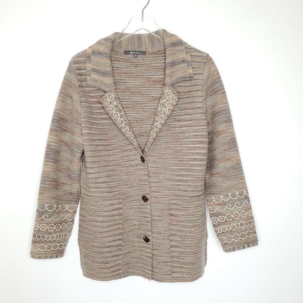 SOL Alpaca Wool Sweater Blazer M Crochet Knit Trim Collared Lagenlook